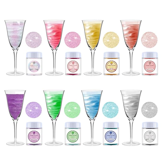 Edible Luster Dust 8 Colors Set - Edible Glitter for Cocktails, Rainbow Food Grade Powder Glitter