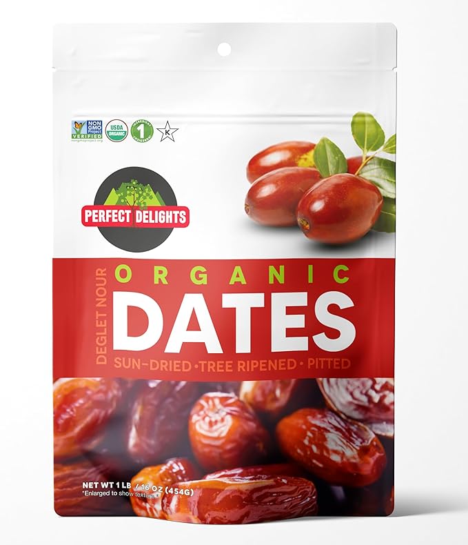 Perfect Delights Organic Dates, Vegan, Sun-Dried Pitted Dates, Healthy Fruit Snack for Kids and