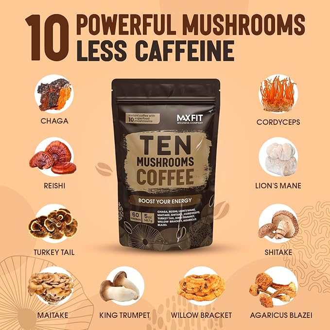 Mushroom Coffee (60 Servings) 10 Mushrooms (Lion’s Mane, Cordyceps, Turkey Tail & Other) Mixed With