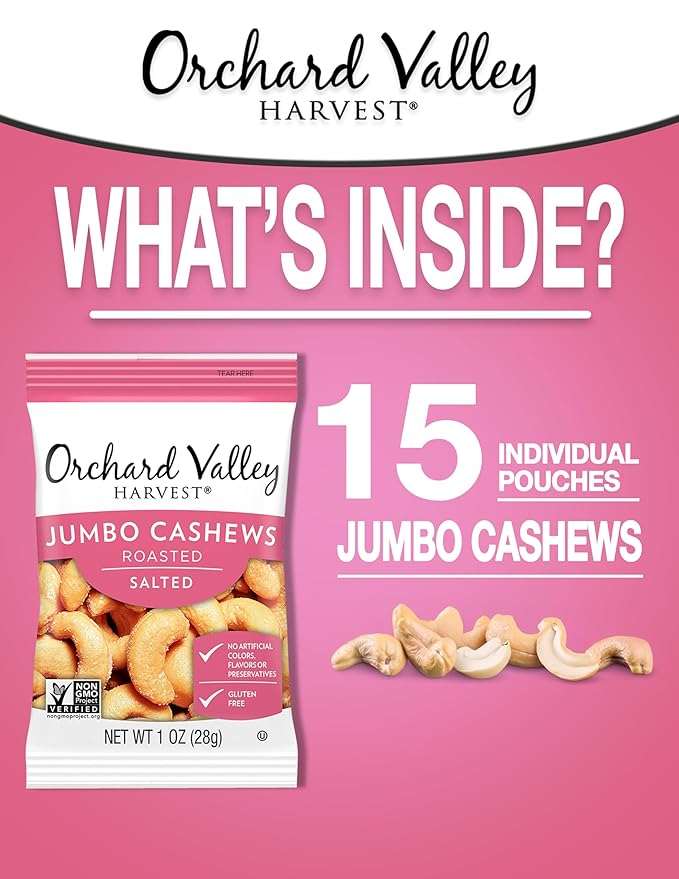 Orchard Valley Harvest Jumbo Cashews, 1 oz Bags (Pack of 15), Whole Roasted Salted Cashews, Gluten