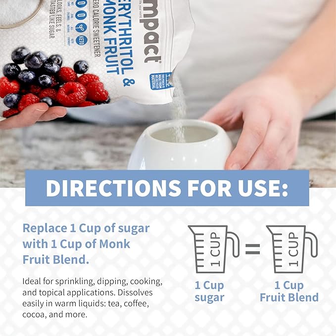 Impact White Monk Fruit & Erythritol Sweetener Blend - Gluten Free, Zero Calories, Net Carbs, Keto