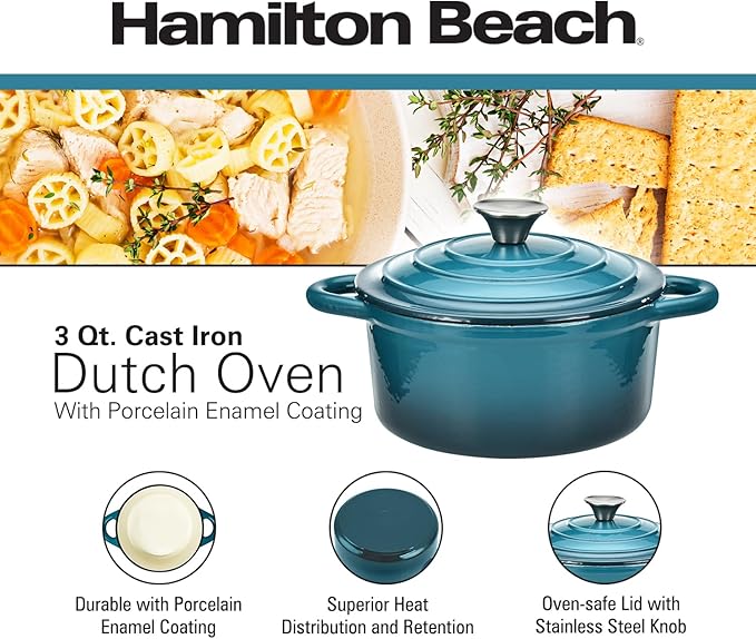 Hamilton Beach 3-Quart Enameled Cast Iron Dutch Oven, Navy with Cream Interior | Even Heat