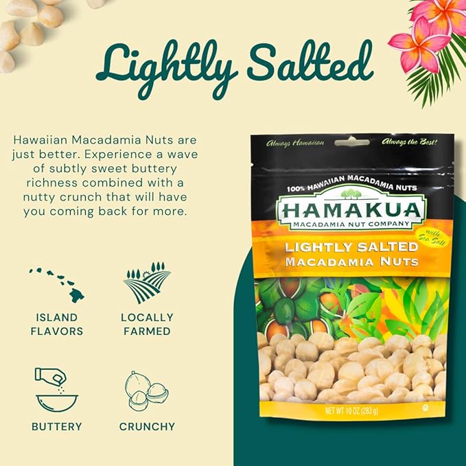 Hamakua Macadamia Nuts - Lightly Salted - Hawaiian Grown Dry Roasted Half and Whole Macadamias with