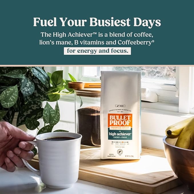 Bulletproof The High Achiever Ground Mushroom Coffee, 10oz (Pack of 3), High Caffeine with Lion's