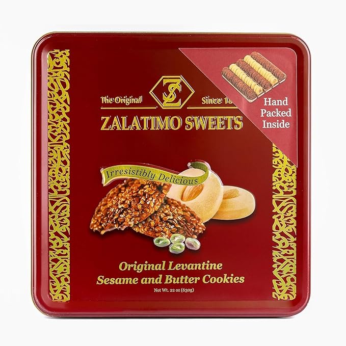 Zalatimo Sweets Since 1860, 100% All Natural Sesame & Butter Shortbread Cookies, Square Metal Gift