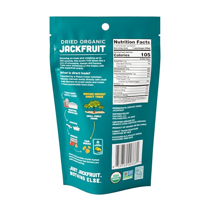 Mavuno Harvest Jackfruit Dried Fruit Snacks | Unsweetened Organic Dried Jackfruit Chips | Gluten