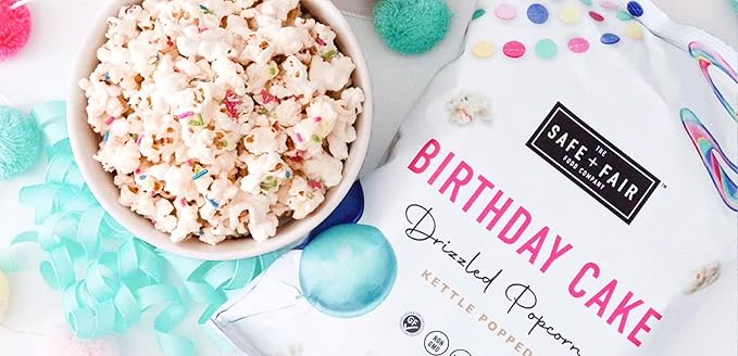 Safe + Fair Birthday Cake Drizzled Popcorn - Gluten-Free, Dairy Free and Vegan Snack - Free From