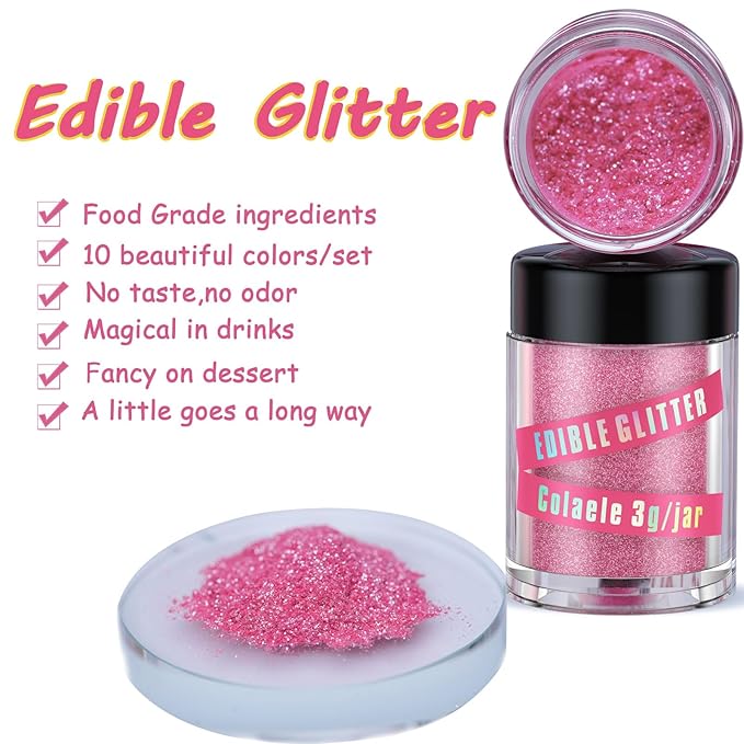 Edible Glitter for Cakes Drinks Luster Dust Set - Colaele 10 Colors Shimmering Disco Glitter Food