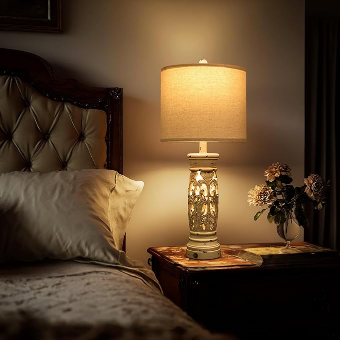 BOBOMOMO 27.25” Farmhouse Table Lamps Set of 2 – Antique White Bedside Lamps with Night Light & USB