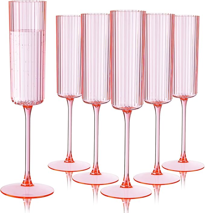 Ciaell 24 Pack Pink Plastic Champagne Flutes - 6oz Ribbed Disposable Champagne Glasses - Pink