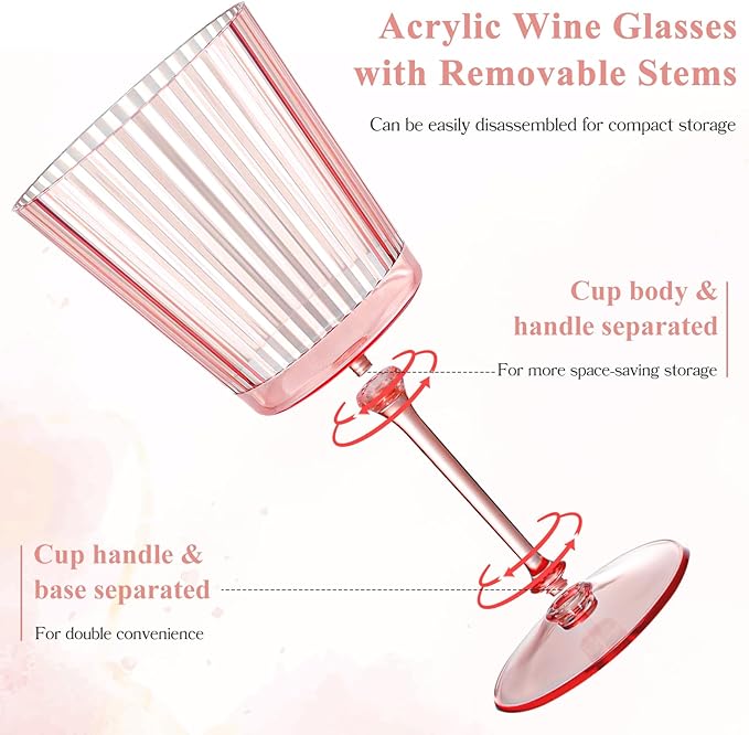 24 PCS Pink Plastic Wine Glasses with Removable Stems 13.5 OZ Ribbed Wine Glass Set Square White