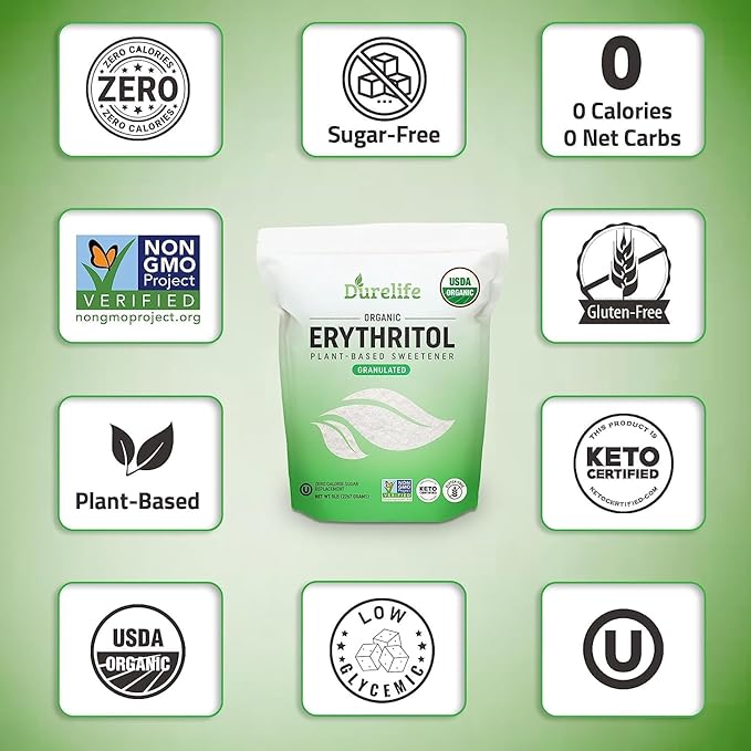 Durelife USDA organic erythritol sweetener, non gmo verified, Keto certified, No After Taste