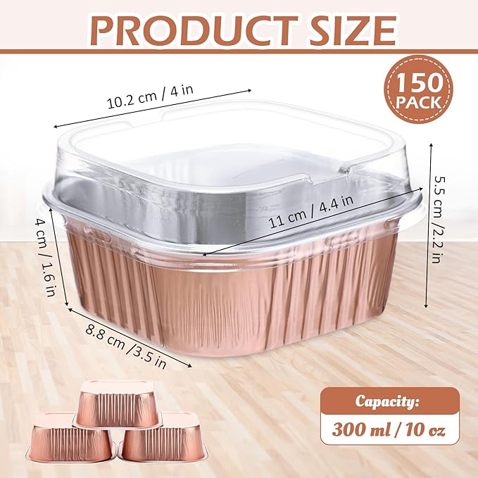 Aoriher 150 Pieces 10 oz Mini Cake Pans with Lids Aluminum Foil Baking Cups Square Disposable 4" x