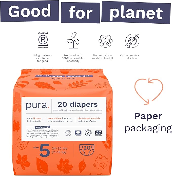 Pura Size 5 Eco-Friendly Diapers (24-35 lbs) Totally Chlorine Free (TCF), Hypoallergenic, Soft