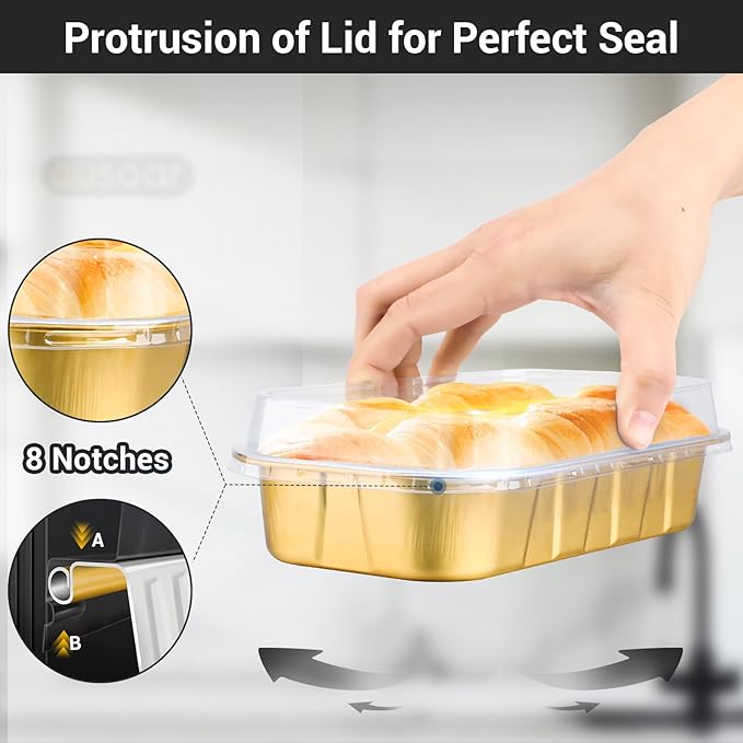 EUSOAR Disposable Ramekins with Lids, Gold 20.9oz 50pcs Mini Cake Pans with Lids，Disposable Bread