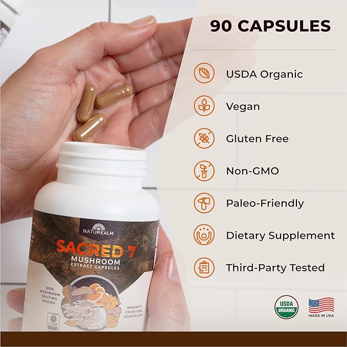 Naturealm Sacred 7 Organic Mushroom Extract Capsules - Premium 7 Mushroom Supplement with Lions