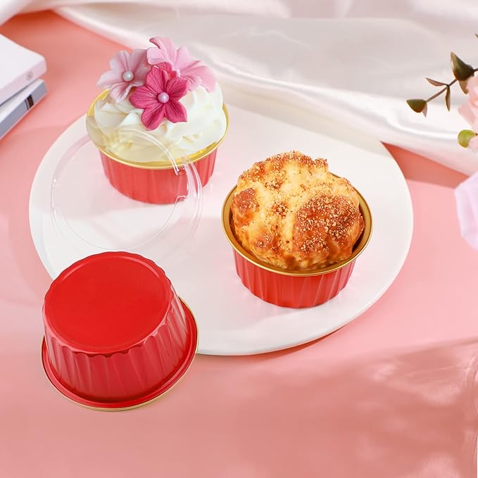 EUSOAR Dessert Cups with Lids, 30pcs 5oz Disposable Aluminum Tin Foil Ramekins Cupcake Baking Cups