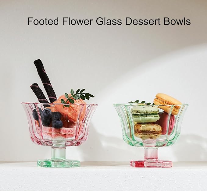 Ice Cream Bowls Drinking Glass Cups Set of 2 (Pink & Green), Flower Petal Style Glasses, 8.5oz