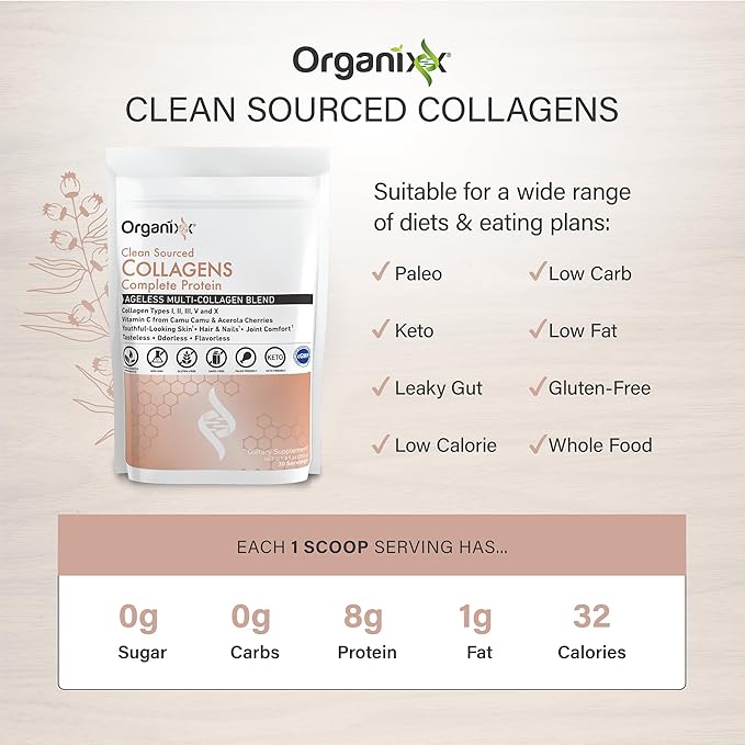 Organixx Collagen Peptides Powder with Vitamin C, Types I, II, III, V, X Hydrolyzed Collagen, Hair