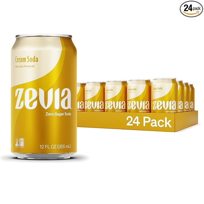 Zevia Zero Sugar Soda, Cream Soda, 12 oz Cans (24-Pack) -Naturally Sweetened, Non-GMO Project