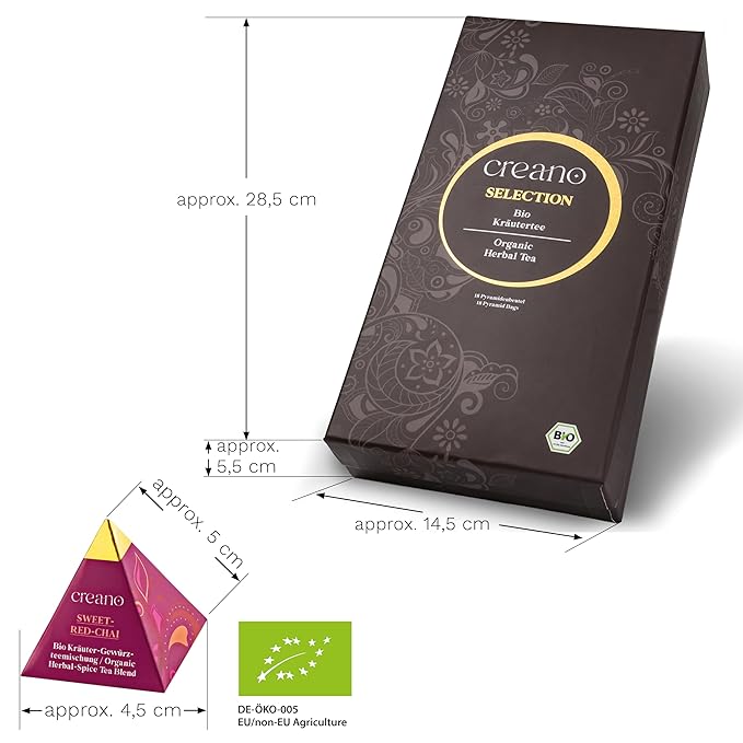 Creano Organic Herbal Tea Gift Set "Organic Herbal Tea" – 18 Pyramid Tea Bags in 9 Different