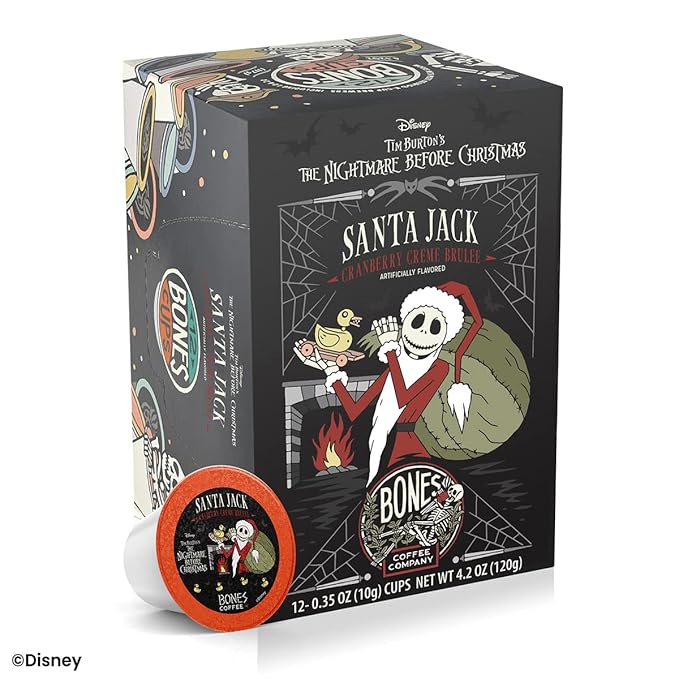 Bones Coffee Company Santa Jack, Cranberry Creme Brulee Flavored Coffee Pods, Low Acid Medium Roast