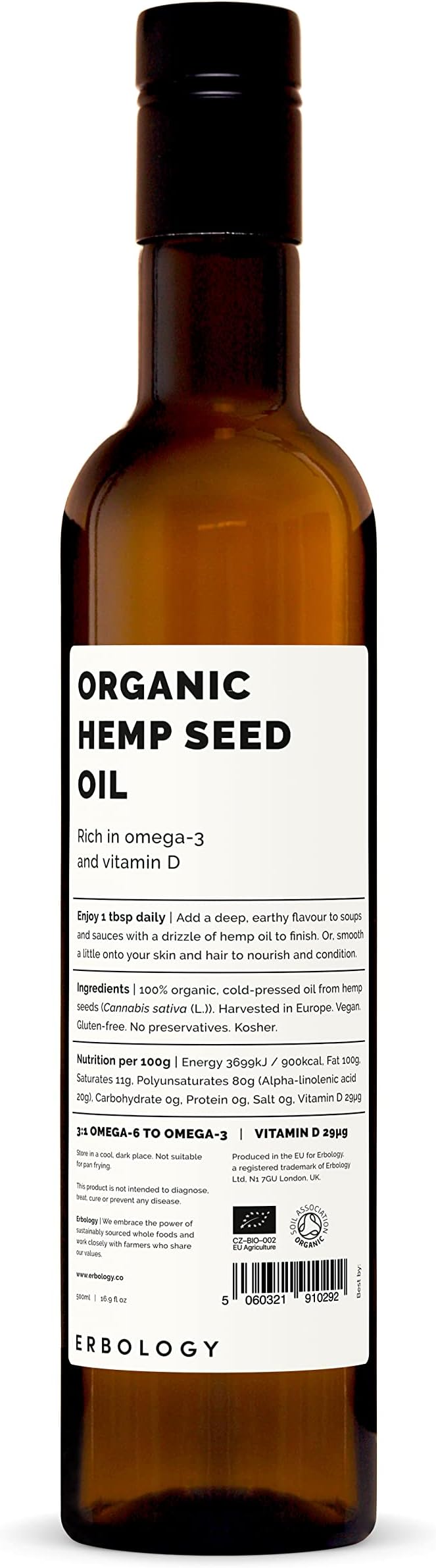 Erbology Organic Hemp Seed Oil 17 fl oz - Cold-Pressed - Rich in Omega-3 - Source of Vitamin D