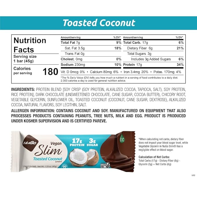 NuGo Slim Dark Chocolate Toasted Coconut, 16g Vegan Protein, 3g Sugar, 7g Fiber, Low Net Carb, Keto