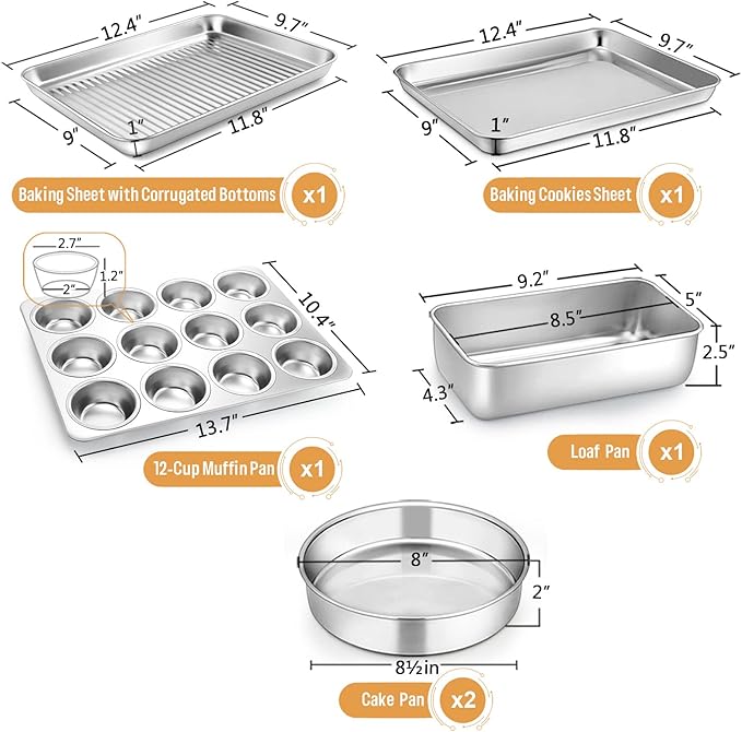 E-far 6-Piece Baking Pans set, Stainless Steel Bakeware Set for Oven, Include 8-Inch Cake