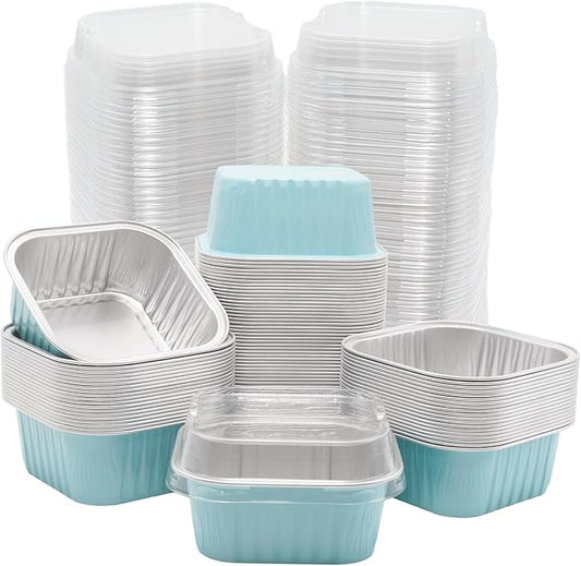 100 Pack 5oz Aluminum Pans with Lids Mini Square Foil Baking Cups with Lids Cupcake Baking Holders