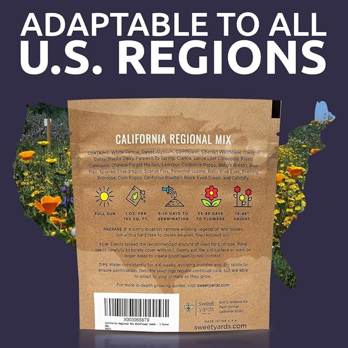 California Wildflower Mixture - Bulk 1 Ounce Packet - Over 7,000 Native Seeds - Open Pollinated and