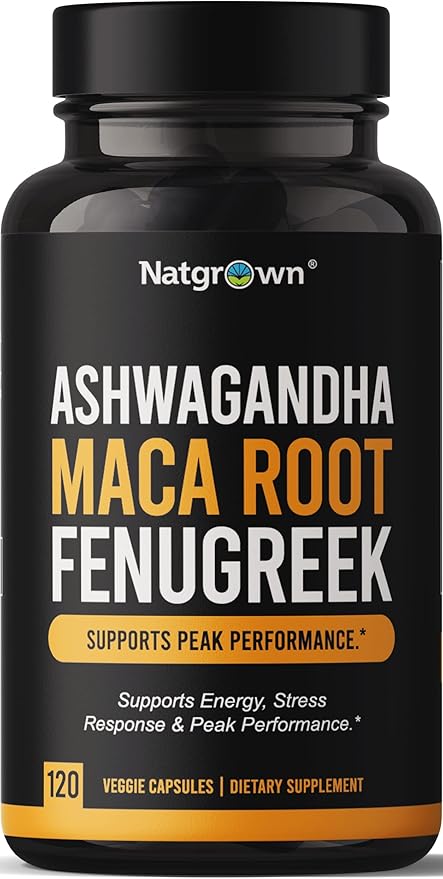 Natgrown Ashwagandha Maca Root Fenugreek Extract Capsules Supplement for Men & Women - Vegan Pills