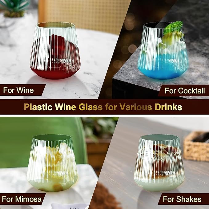40 Pack Plastic Ribbed Wine Glasses, 14Oz Origami Disposable Wine Glasses Unbreakable Clear Plastic