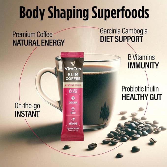 VitaCup Slim Instant Coffee Packets, with Garcinia, Fiber, B Vitamins, Skinny Coffee, Bold &