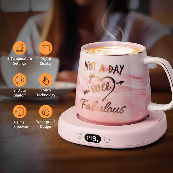 Coffee Mug Warmer & Not A Day Mug Set, Electric Cup Warmer for Desk Office Home, Beverage Warmer