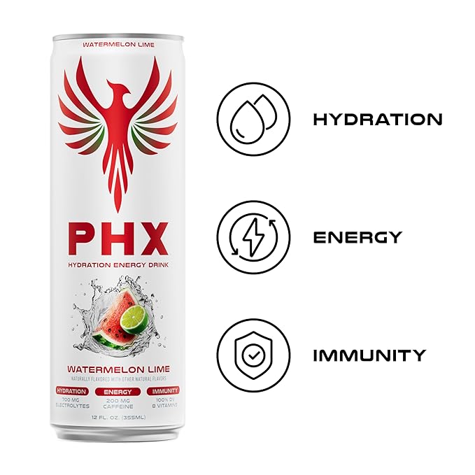 PHX Hydration Energy Drink - 700mg Electrolytes, 200mg Natural Green Tea Caffeine, 100% Daily Value