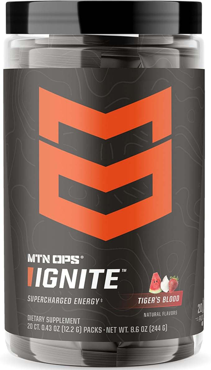 MTN OPS Ignite Trail Packs Energy Drink Powder, Gluten Free Nootropic Supplement Drink Mix, L