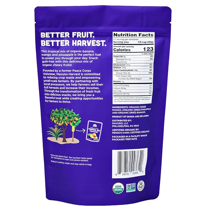 Mavuno Harvest Tropical Mix Dried Fruit Snack | Unsweetened Organic Mixed Dried Fruit | Gluten Free