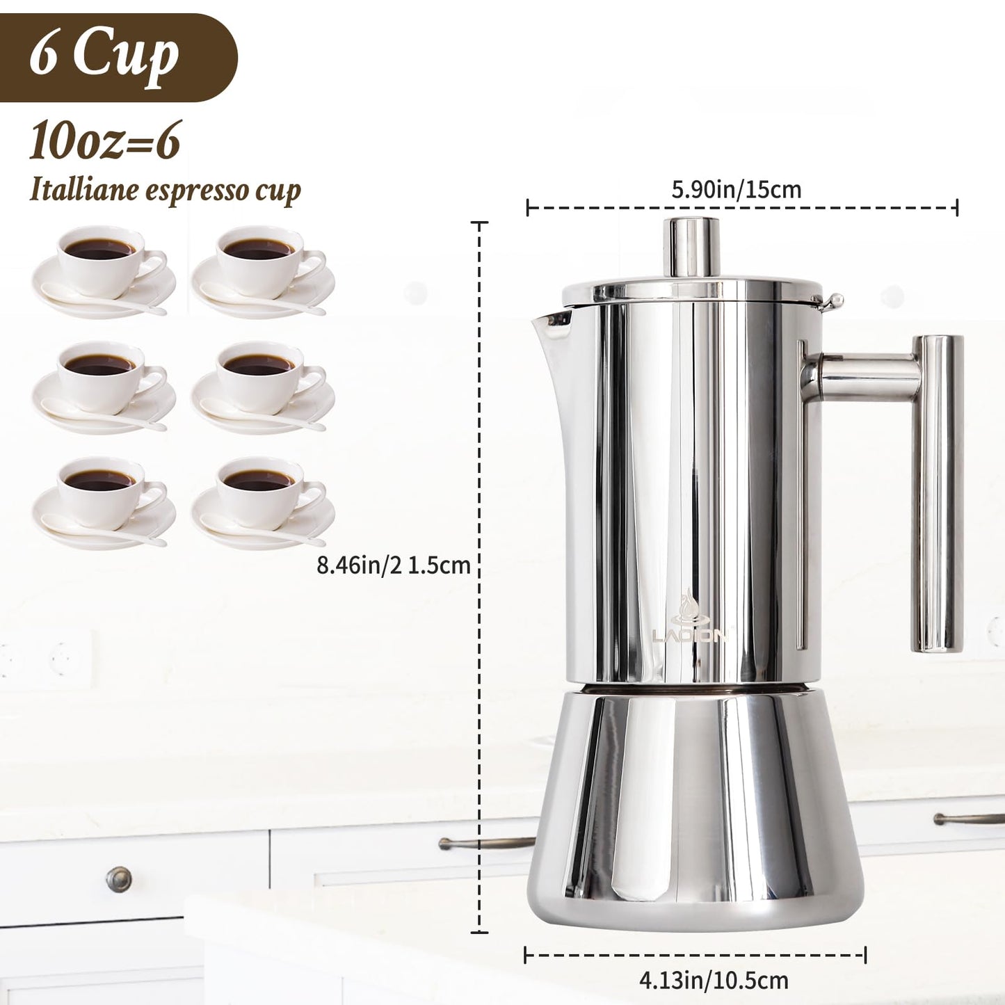 LAOION Stovetop Espresso Maker, 6Cup 10 oz Moka Pot, Stainless Steel