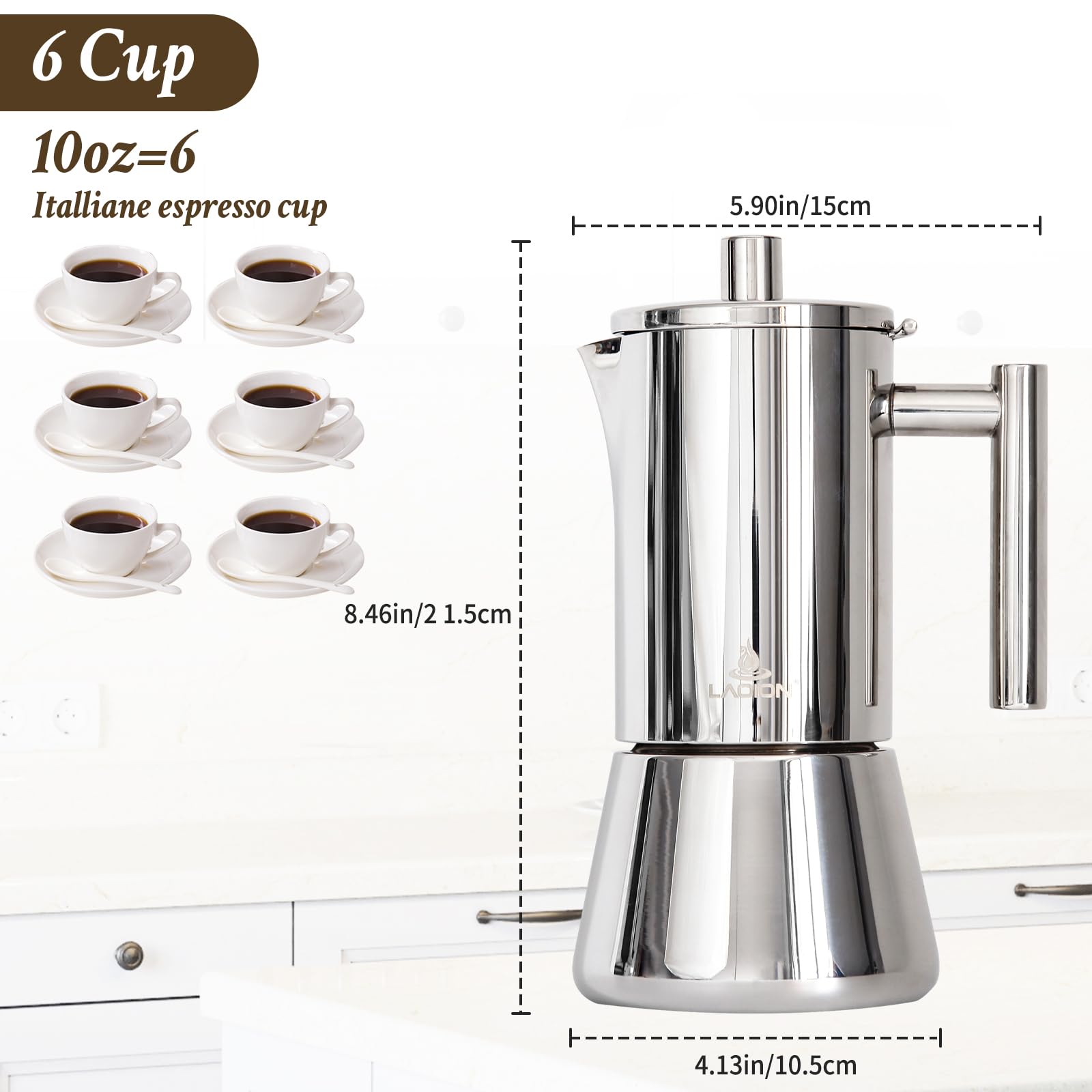 LAOION Stovetop Espresso Maker, 6Cup 10 oz Moka Pot, Stainless Steel
