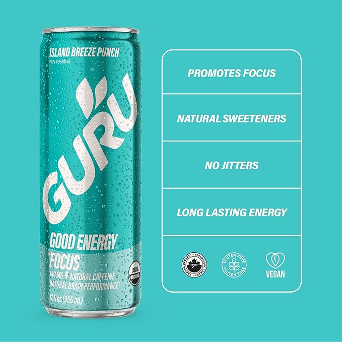 GURU Island Breeze Punch Organic Energy Drinks, Clean Energy Drink with Plant Based Natural
