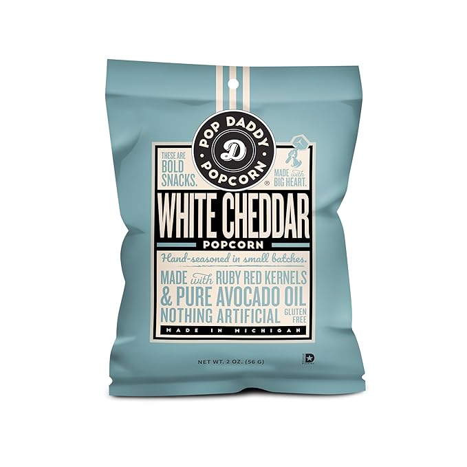 Pop Daddy Flavored Popcorn Gourmet, White Cheddar Flavor Popped Popcorn, Hand Seasoned Ruby Red
