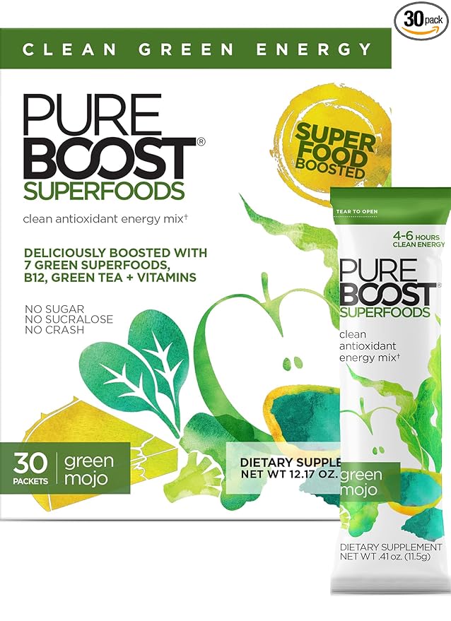 Pureboost Superfoods Clean Energy Booster, Energy Drink Mix Powder with 7 Organic Green Superfoods;