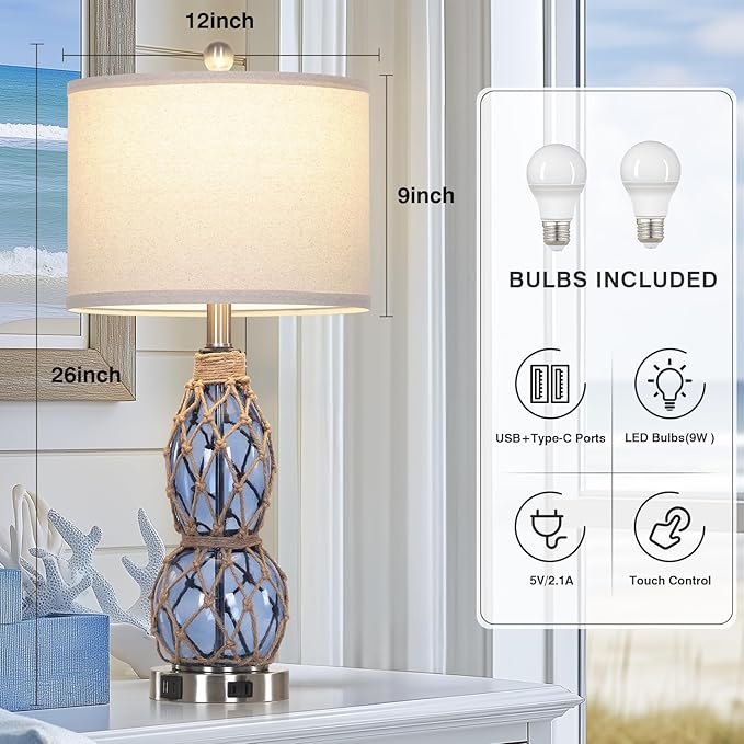 26" Coastal Glass Table Lamps Set of 2, 3-Way Dimmable Touch Lamps with USB Ports and AC Outlet