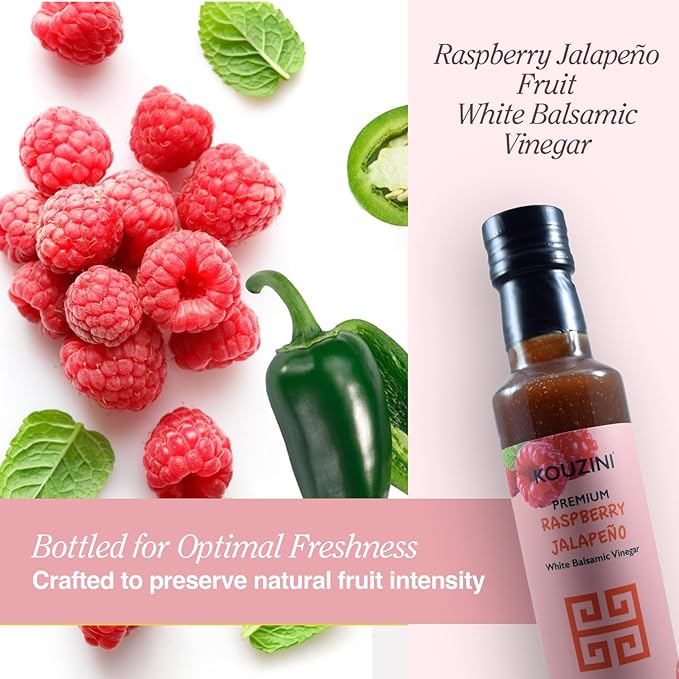 Kouzini Ultra Premium Raspberry Jalapeno Fruit White Balsamic Vinegar, Aged Balsamic Vinegars from