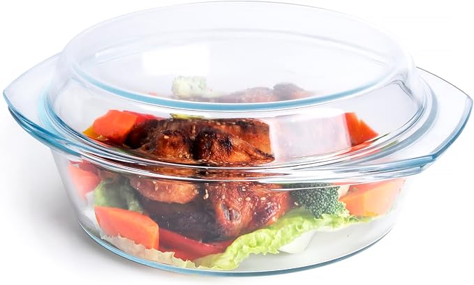Round Tempered Glass Casserole Dish with Lid, Glass Casserole Baking Dish for Oven, Freezer and