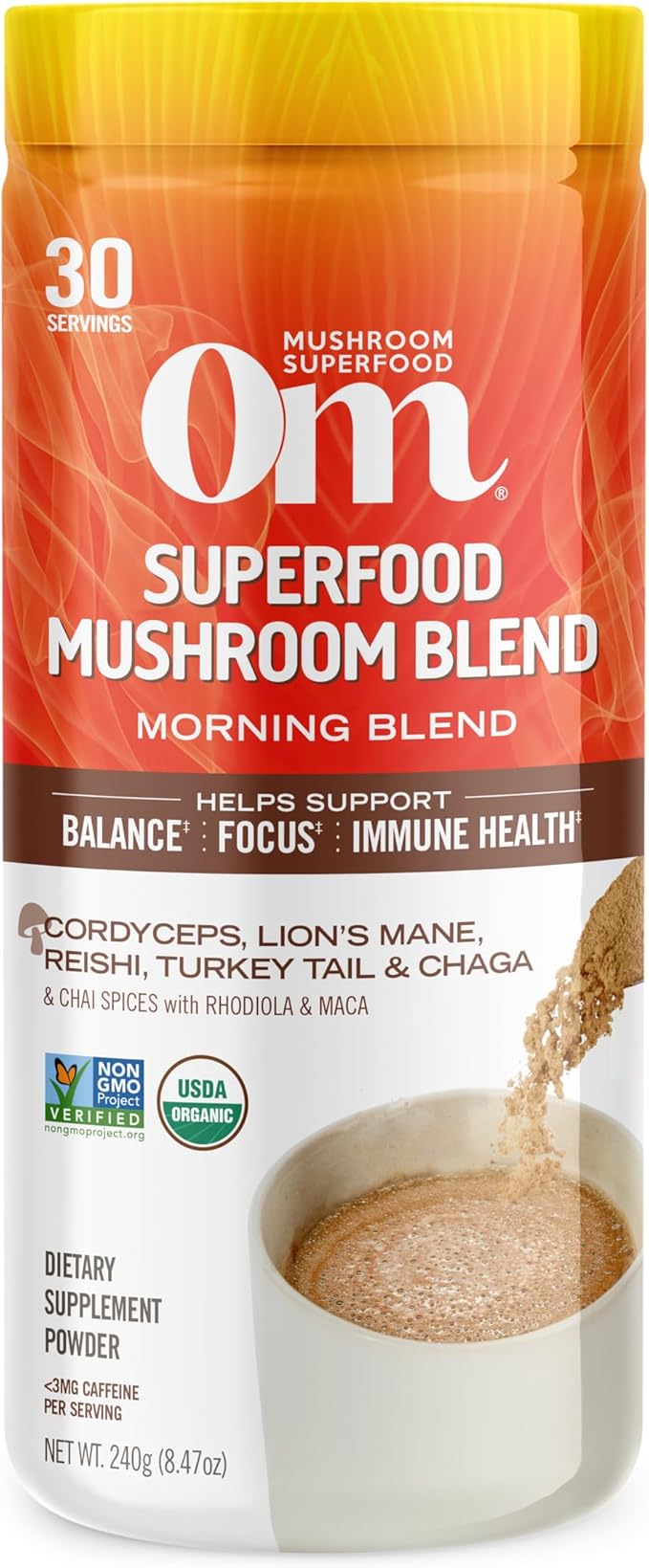 OM MUSHROOM SUPERFOOD Morning Energy Blend Mushroom Powder Drink, 8.47 Ounce Canister, Coffee Free