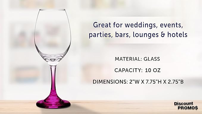 DISCOUNT PROMOS Rioja Wine Glasses with Stem 10 oz. Set of 10, Bulk Pack - Color Bottom, Perfect