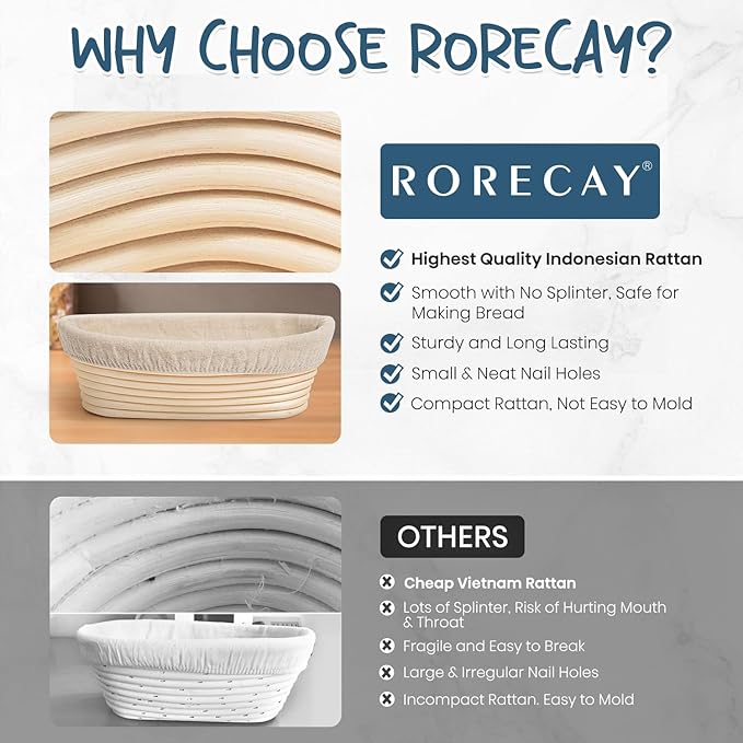 Rorecay Banneton Bread Proofing Baskets Set of 2, 9 Inch Round Cane Sourdough Bread Rising Basket