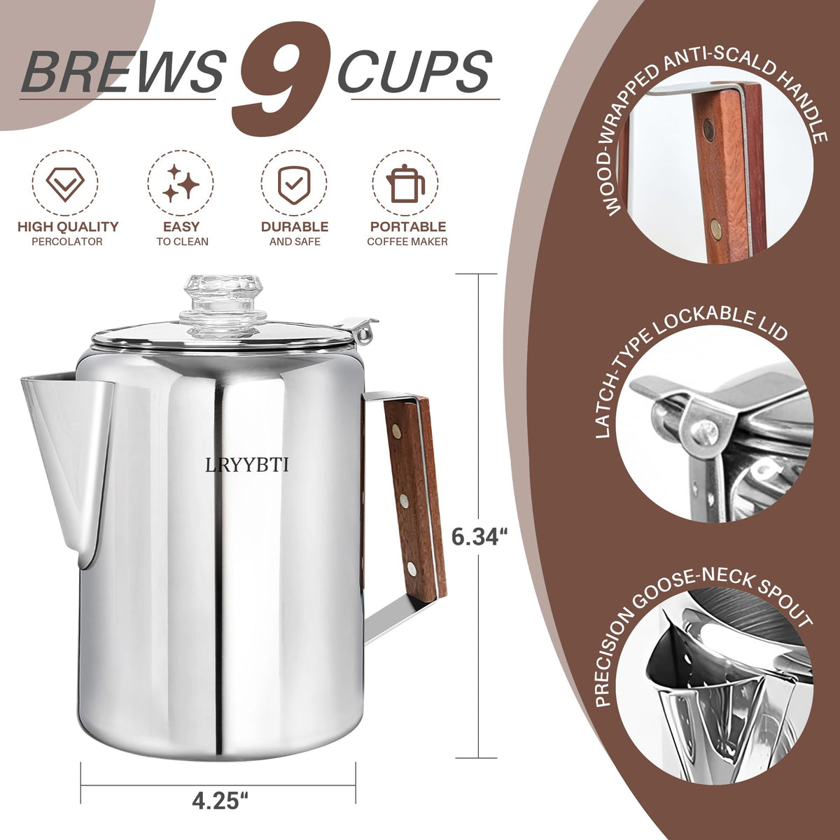 LRYYBTI 9 Cup Stainless Steel Coffee Percolator